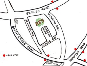 A hand drawn sketch map showing the road names around the Richmond Furniture Scheme and road dots depicting bus stops