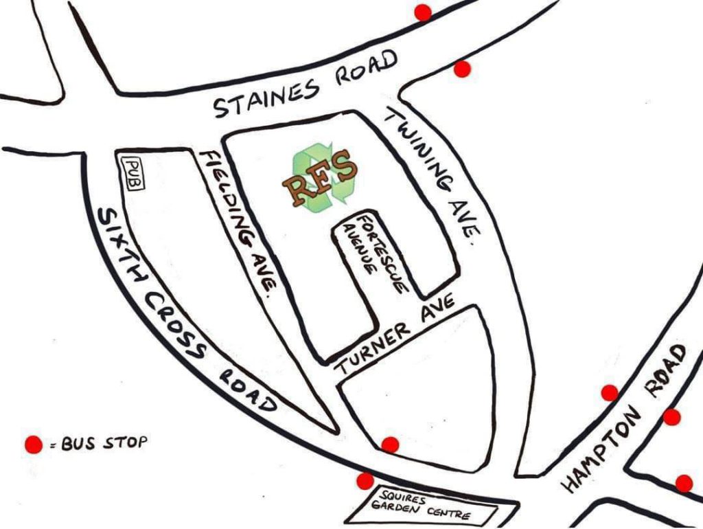 Hand drawn sketch map of RFS location with road names and bus stops