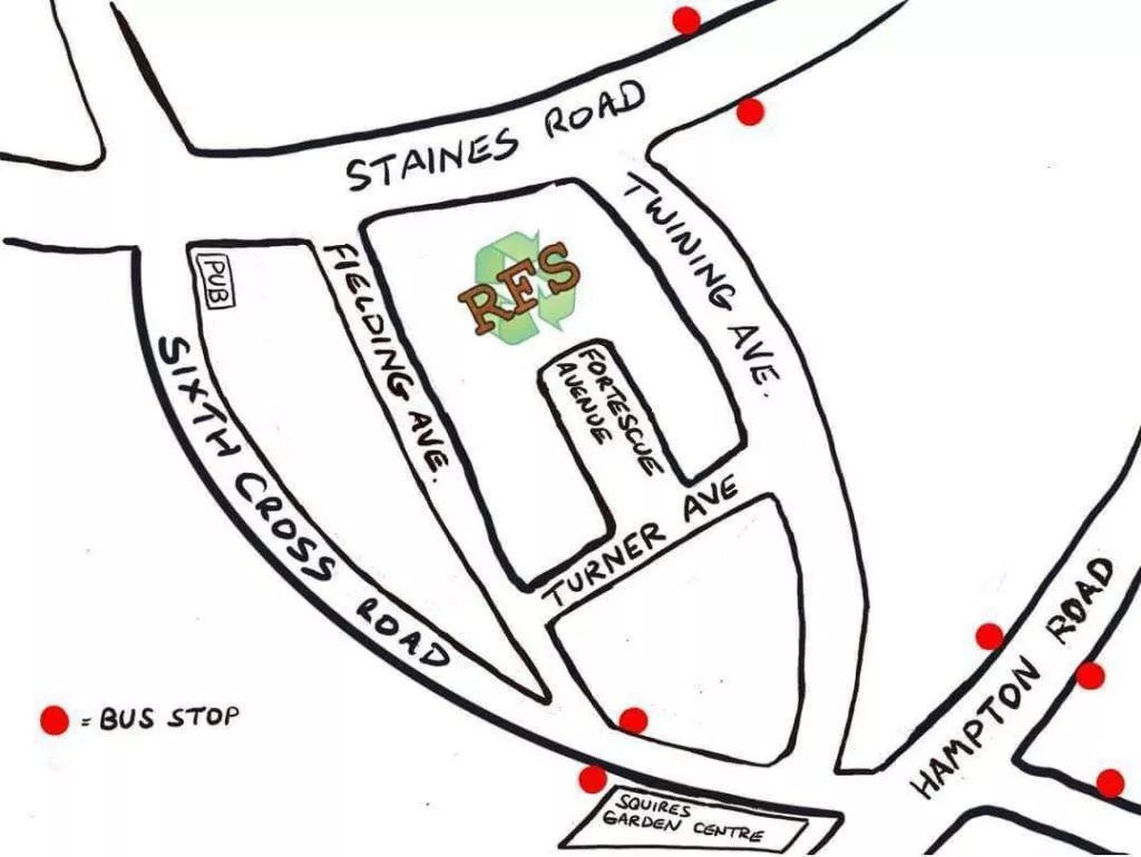 Hand drawn sketch map of RFS location with road names and bus stops