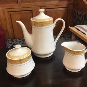 Coffee pot, milk jug, and sugar bowl
